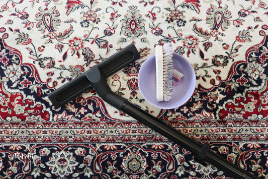 Vacuum cleaner and soft brush placed on a patterned rug for cleaning and maintenance